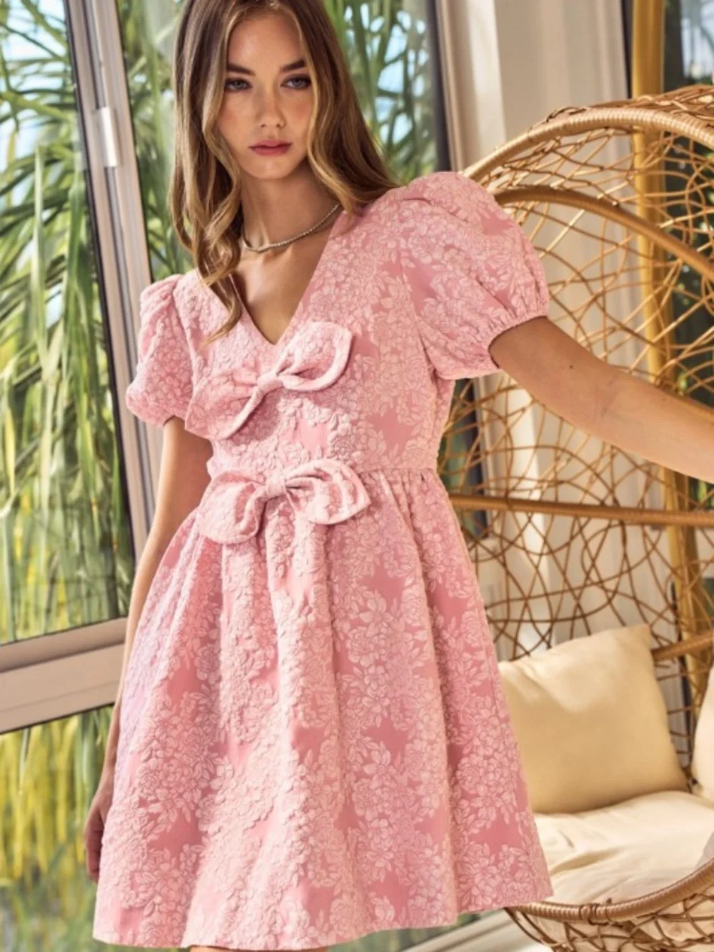 Jacquard Puff Sleeve Mini Dress Double Bow Detail - Picture 2 of 6